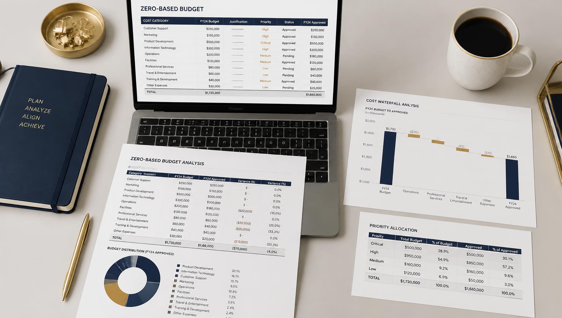 Financial analyst's desk with budget spreadsheets and cost charts