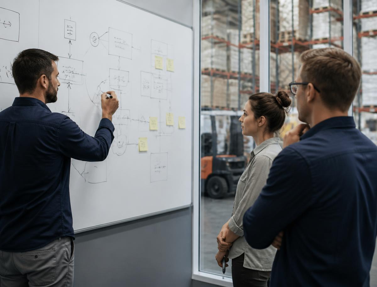 Operations team mapping a supply chain flow on a whiteboard in a distribution centre